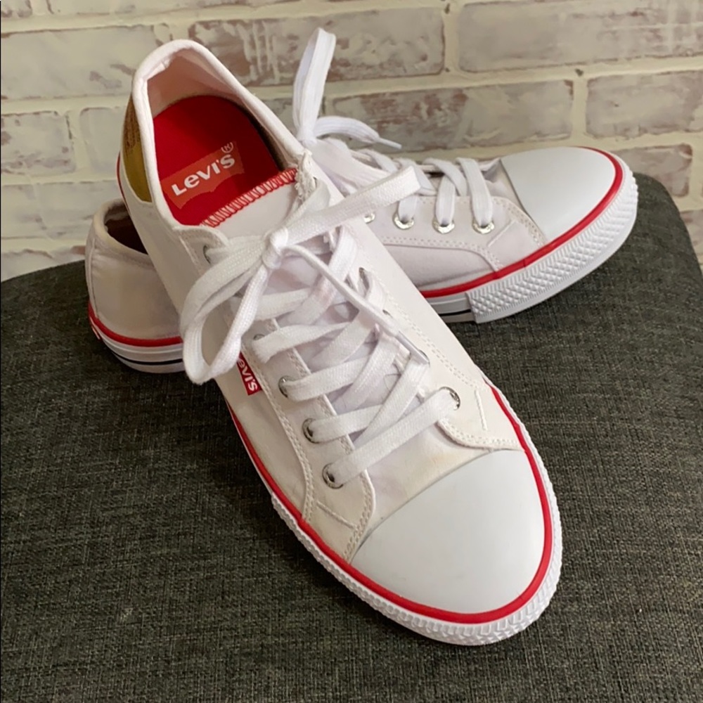 Levi’s canvas sneakers, white with red accents
